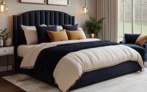 Affordable luxury Interior Design. A luxurious bedroom with a navy blue upholstered bed featuring a tall, tufted headboard with gold trim. The bed is dressed in light cream bedding with a textured navy throw draped across the foot. Several throw pillows in complementary shades of navy and mustard yellow are arranged neatly on the bed. On the left, a sleek bedside table with gold accents holds a small vase of flowers and a modern glass pendant light hangs above. A potted plant adds greenery near a large window with beige curtains, and a navy armchair with a mustard yellow cushion sits by the window, enhancing the cozy, elegant ambiance