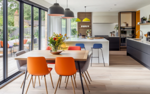 A bright, contemporary open-plan kitchen and dining area with large floor-to-ceiling glass doors that open to an outdoor patio space. The dining table features a mix of vibrant orange and gray chairs, and a vase of colorful flowers serves as the centerpiece. Above the table hang three modern pendant lights, two in matte gray and one in bright yellow. The kitchen has a large island with a white countertop, featuring barstools in different colors, including blue. The cabinetry is a combination of dark wood and matte black, creating a sleek and stylish look. Outside on the patio, seating with colorful cushions can be seen, surrounded by lush greenery