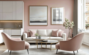 Affordable Interior Design Manchester UK. A chic and elegant living room with a soft pastel color scheme. The room features a light beige sofa with blush pink accent pillows, flanked by two matching blush pink armchairs with sleek black legs. In the center, two round marble-top coffee tables with gold frames add a touch of luxury. A vase with branches of white blossoms stands next to the sofa, enhancing the fresh and airy feel of the room. The walls are painted a soft pink, adorned with two large abstract framed artworks. In the background, a minimalist white kitchen with gold accents adds to the overall refined aesthetic of the space, while large windows allow natural light to flood the room.
