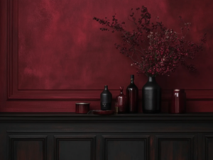 The image depicts a rich, deep red wall adorned with a textured finish, creating a warm and inviting atmosphere. A dark wood shelf sits below, showcasing an array of decorative items in various shades of black and burgundy. These include glass bottles, a can, and a small container, all elegantly arranged. Adding a touch of nature, a floral arrangement with branches and blooms complements the color scheme. The overall composition exudes sophistication and style, making it a striking focal point for any interior space.