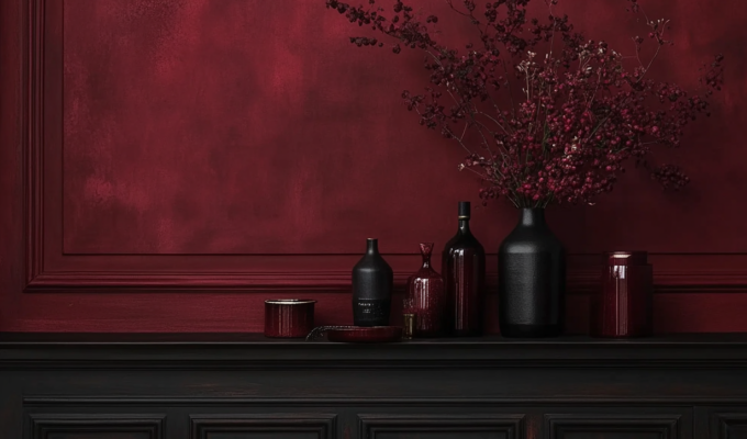 The image depicts a rich, deep red wall adorned with a textured finish, creating a warm and inviting atmosphere. A dark wood shelf sits below, showcasing an array of decorative items in various shades of black and burgundy. These include glass bottles, a can, and a small container, all elegantly arranged. Adding a touch of nature, a floral arrangement with branches and blooms complements the color scheme. The overall composition exudes sophistication and style, making it a striking focal point for any interior space.