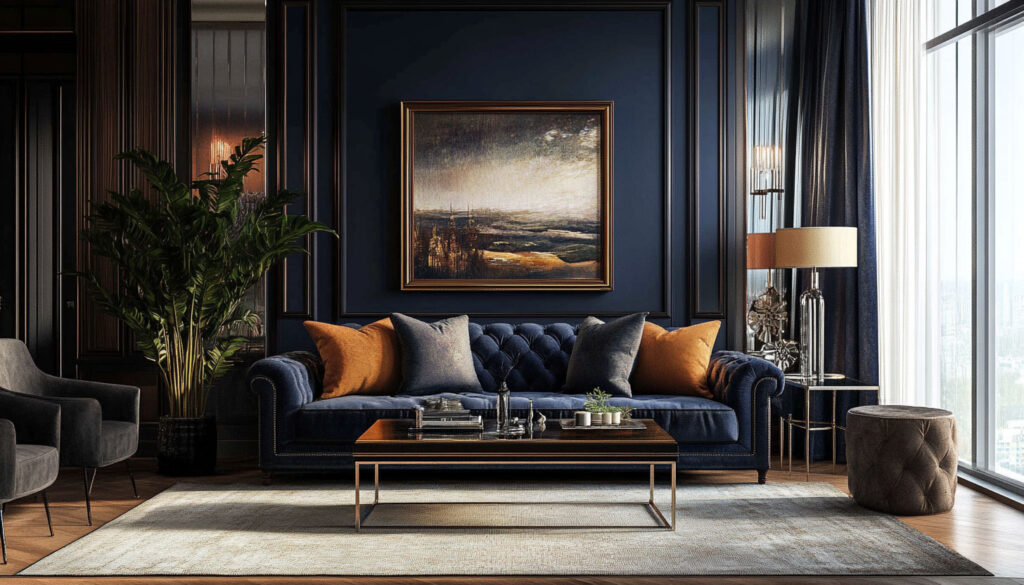 A dark moody lounge with burnt orange throw cushions to break up the Navy blue walls and sofa