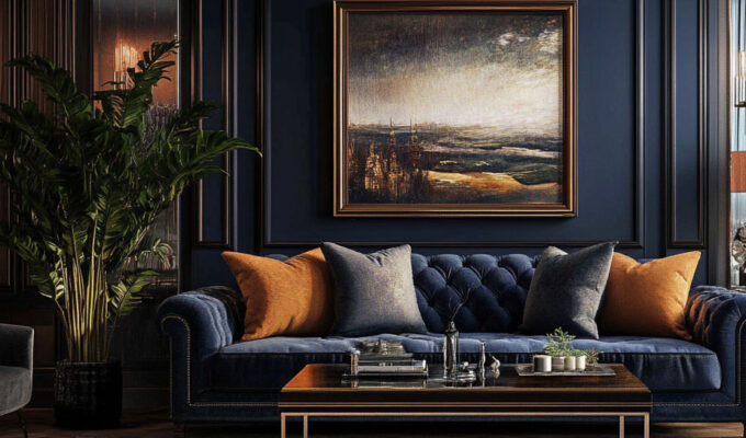 A dark moody lounge with burnt orange throw cushions to break up the Navy blue walls and sofa