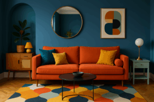 Bright orange sofa with yellow cushions against a backdrop of a blue wall. The accessories are a combination of bright bold colours an natrual textures