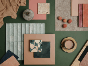 A material mood board with neutral colour scheme on a dark background