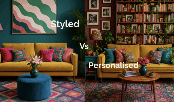 Two rooms side by side. One highly staged and the other personalised and cosy