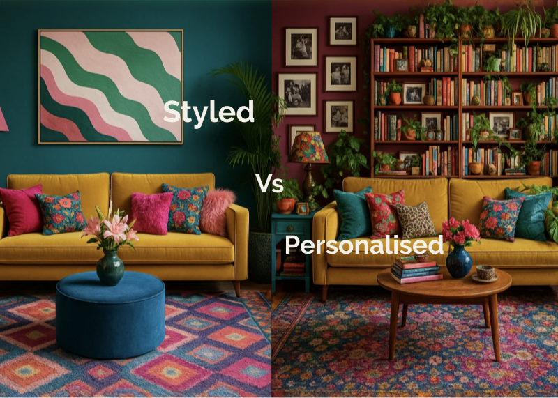 Two rooms side by side. One highly staged and the other personalised and cosy
